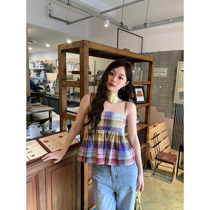 Plaid Suspender Cami Top