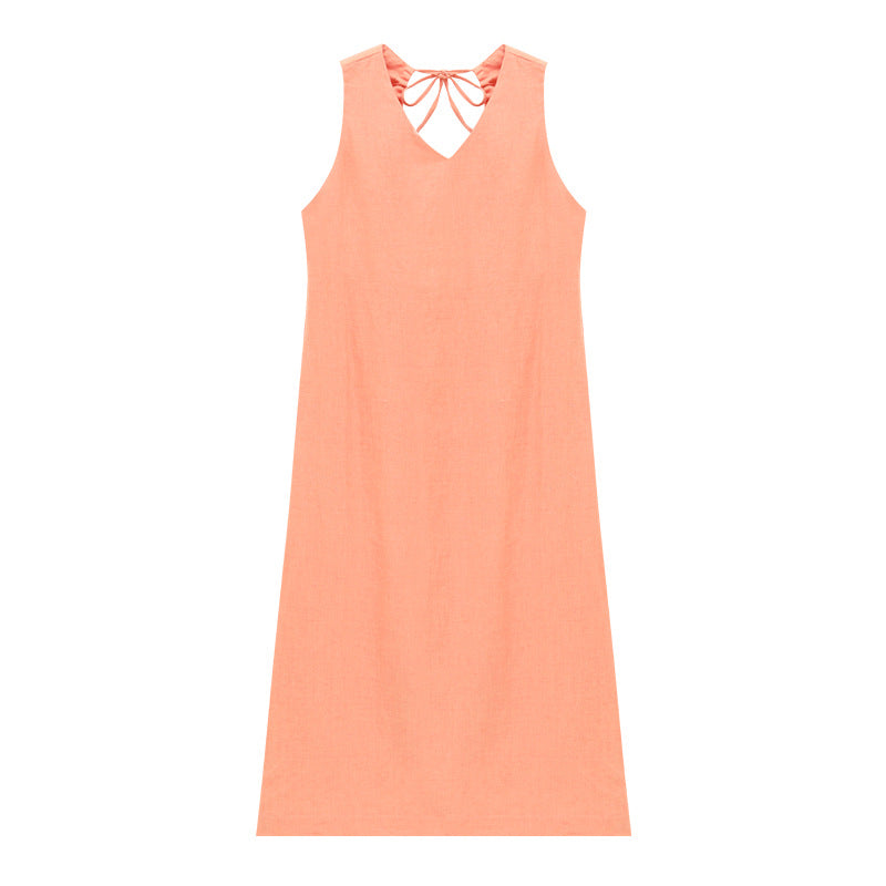 Ramie backless A word belly covering and thin v-neck sleeveless dress