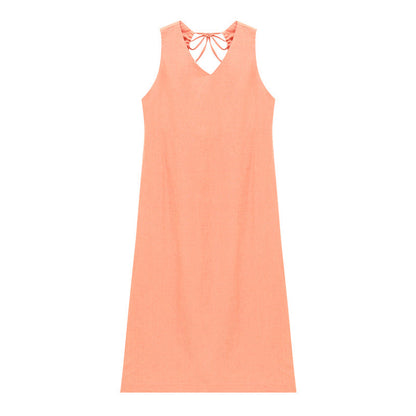 Ramie backless A word belly covering and thin v-neck sleeveless dress