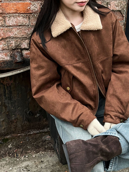 Vintage suede faux leather patchwork cropped jacket - women's winter warm cotton padded outerwear top 8556