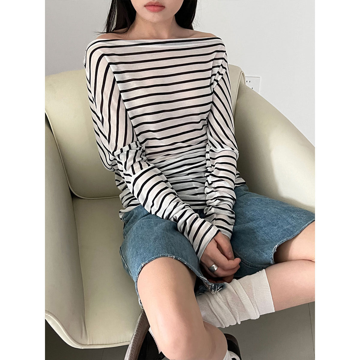 French Minimalist Pinstriped Irregular Slant Shoulder Waist Skinny Top Women's Tencel Long Sleeve T-Shirt