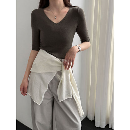 Soft and glutinous skin-friendly wool gentle style V-neck knitted sweater women's spring slim three-quarter sleeve T-shirt