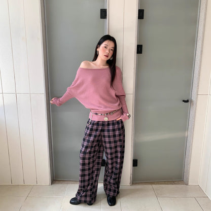 Vintage contrasting plaid leggings loose wide-leg pants