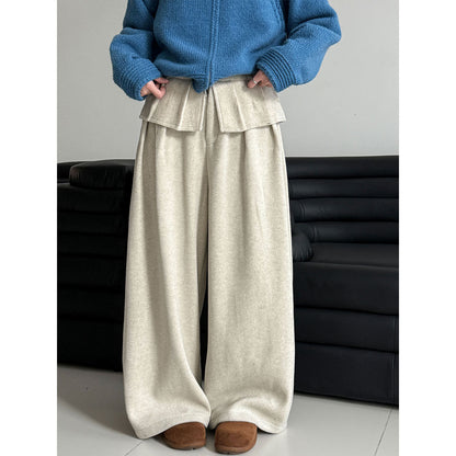 Korean style thickened wool blend wide-leg pants with patchwork detail - women's winter design, warm and casual trousers