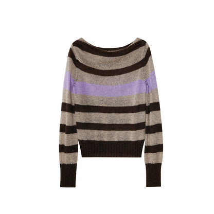 Retro striped color matching swing neck atmosphere soft waxy skin-friendly sweater
