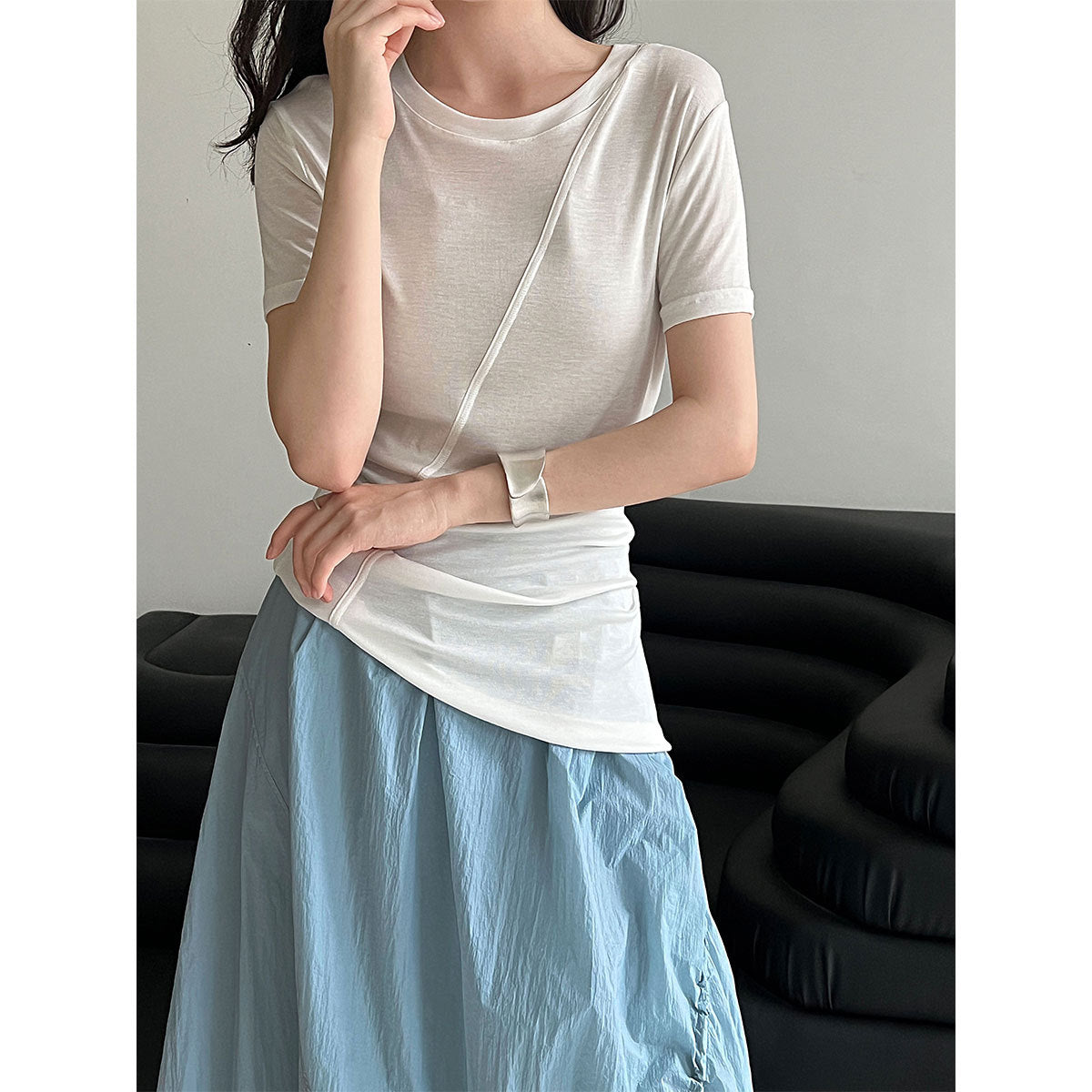 High Elasticity and Thin~ Design Sense Irregular Slim Sleeve Women's Summer Light and Thin Lyocell Tencel T-Shirt