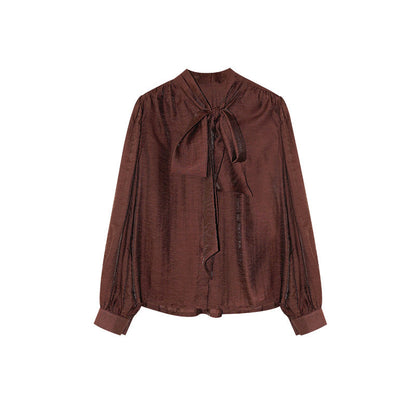 Temperament Tencel cotton tie-up collar long-sleeved bow shirt