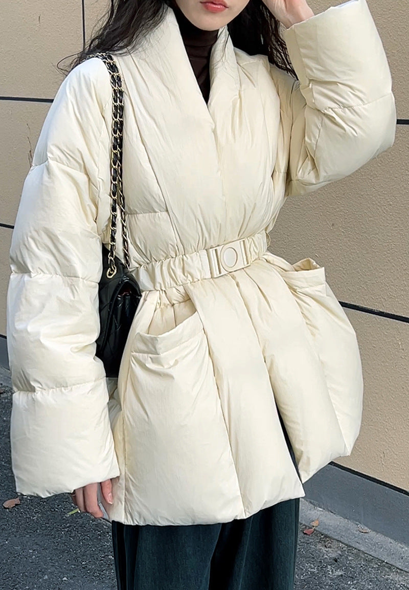 V neck waist down jacket for women lazy 90 white duck down tie back new chinoiserieoutwear