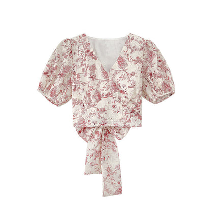 French sweet v-neck lace-up waist floral shirt