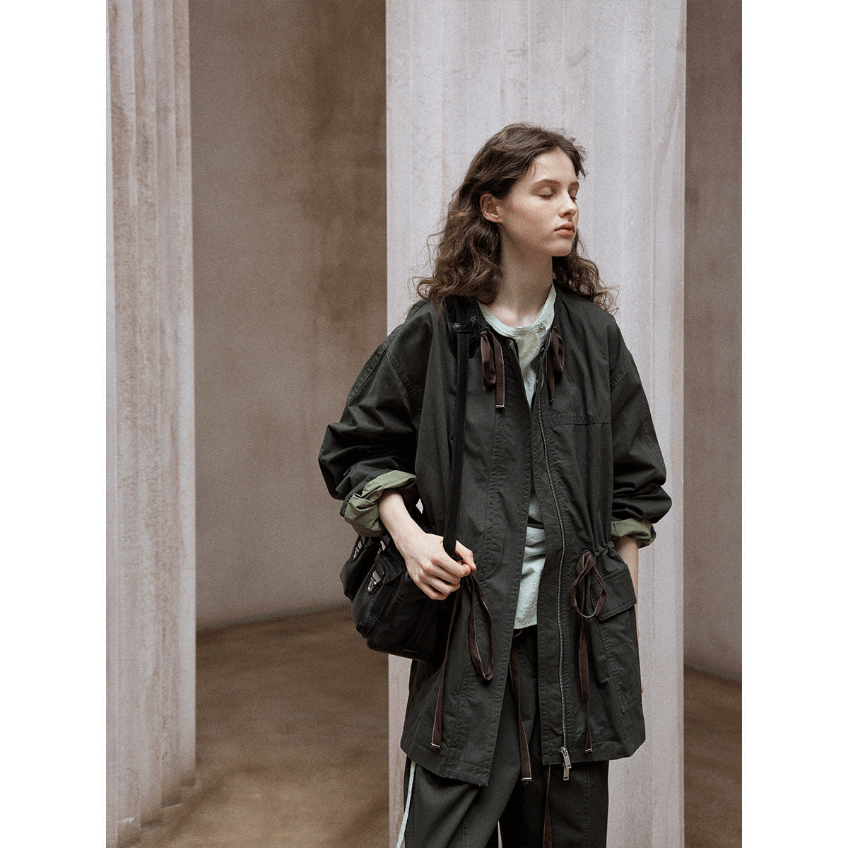 Washed cotton contrasting color drawstring loose round neck autumn new retro commuter jacket