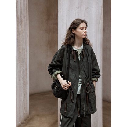 Washed cotton contrasting color drawstring loose round neck autumn new retro commuter jacket