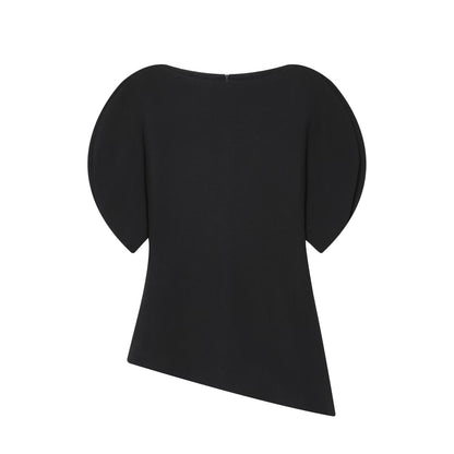 Puff Sleeve Top Women Round Neck Asymmetrical Slim Fit T-Shirt