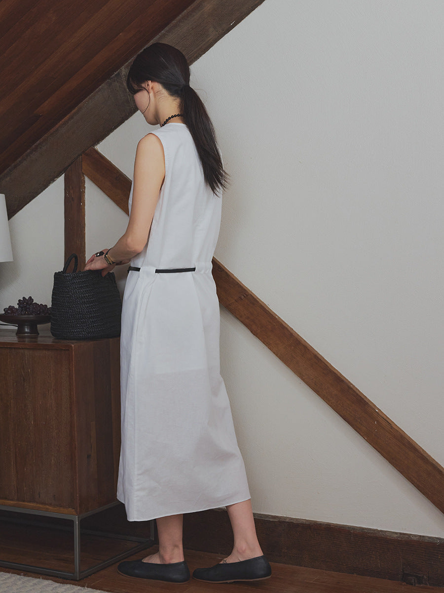 Crew neck linen cotton waist sleeveless vest dress