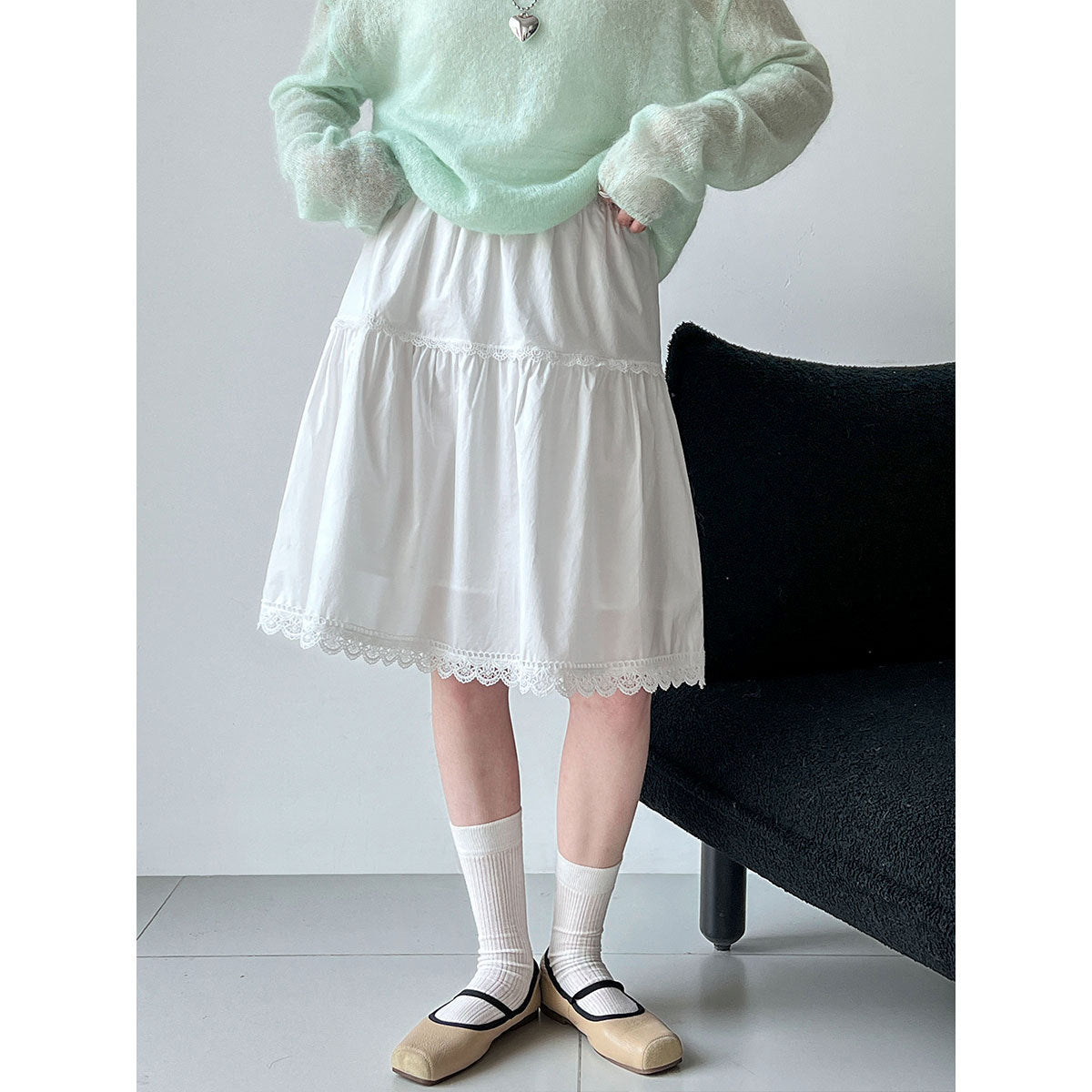 High waist A word thin Korean lace splicing skirt women's 26 early spring new gentle and versatile skirt