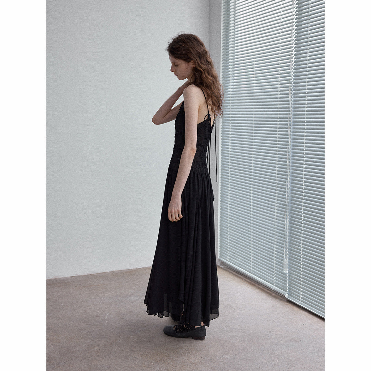 Vintage pleated chiffon asymmetric MIDI suspender skirt adjustable shoulder strap
