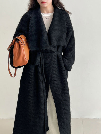 Korean style oversized knit cardigan with wide lapel - new autumn collection, soft and cozy wool blend, relaxed fit long coat