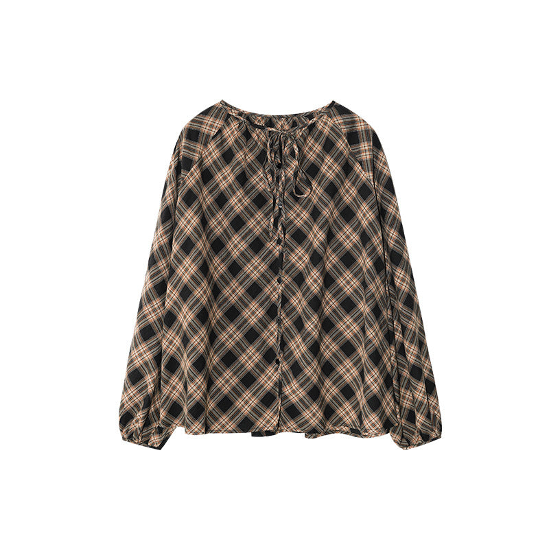 Loose Lace-Up Crew Neck Single-Breasted Long-Sleeve Checked Shirt