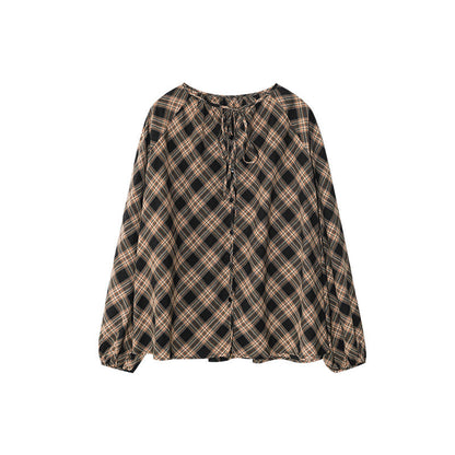 Loose Lace-Up Crew Neck Single-Breasted Long-Sleeve Checked Shirt