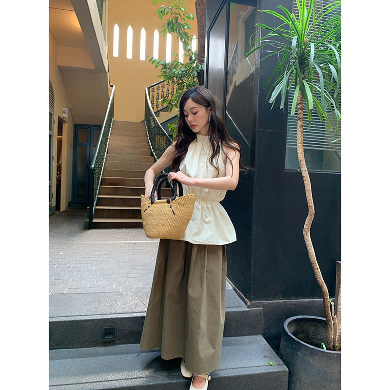 Casual simple and versatile solid color high waist and thin skirt