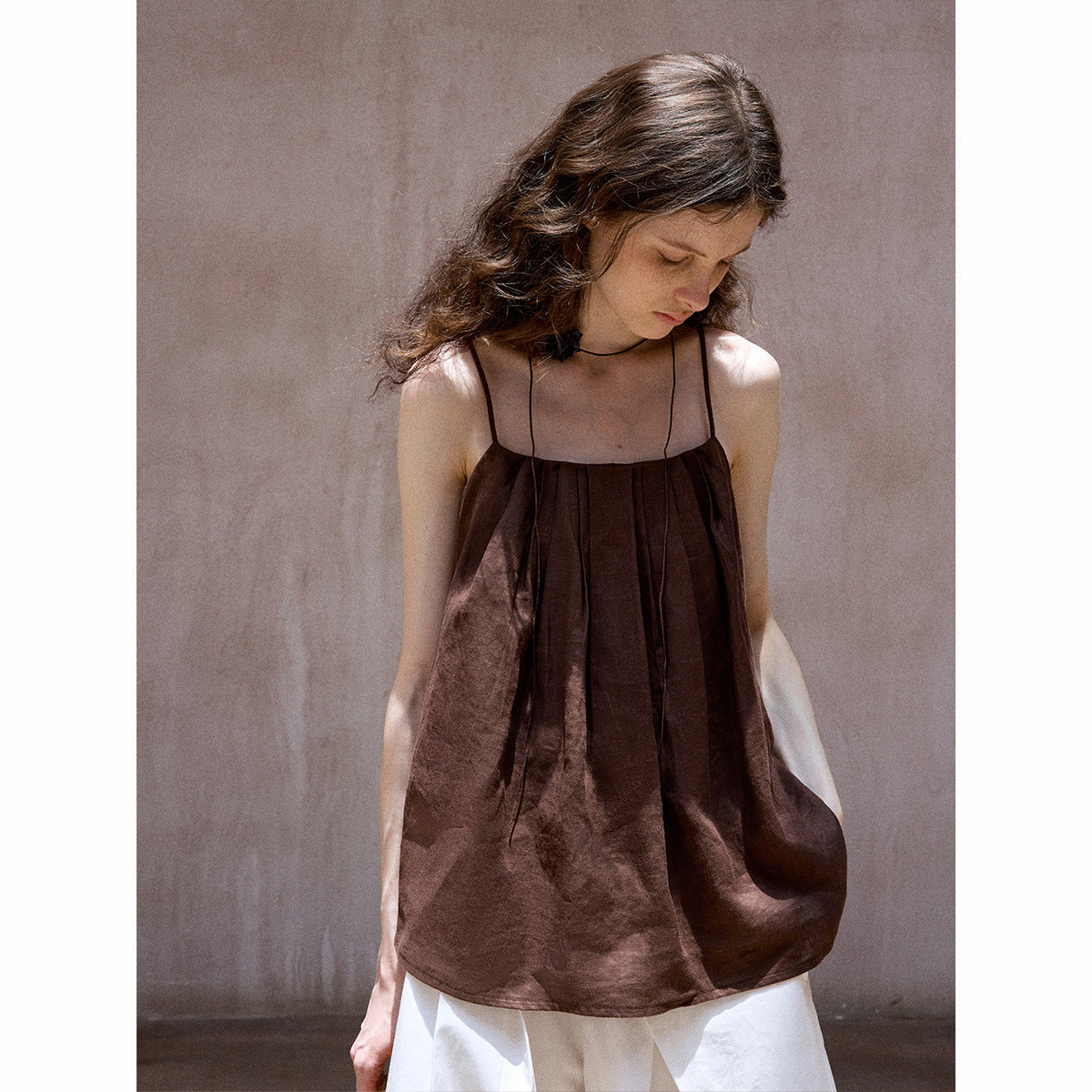 Summer Breathable Linen Pleated Adjustable Suspender Simple Vacation Top