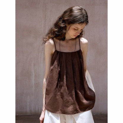 Summer Breathable Linen Pleated Adjustable Suspender Simple Vacation Top