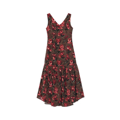 Rose print v-neck sleeveless tank top dress