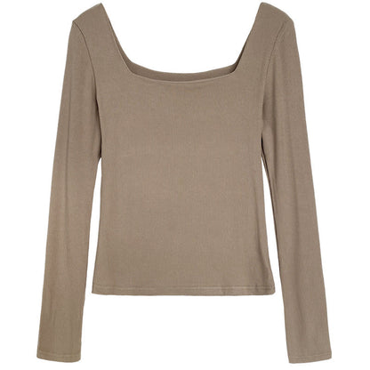 Design Sense Long Sleeve Square Neck T-Shirt Women's Slim Skinny Showing Clavicle Low Neck Short Top Bottom Shirt