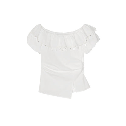 Off-Shoulder Ruffle Trim Bubble Sleeve Cotton Top