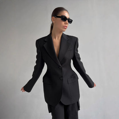Suit Collar Blazer Women Slim Fit Long Sleeve Two-Button Jacket