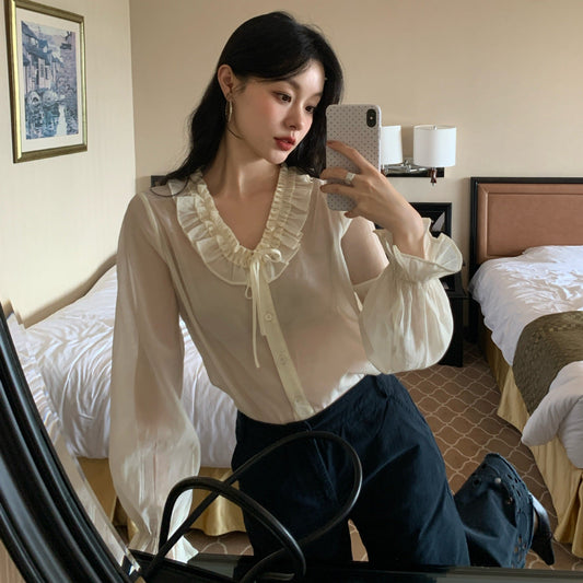 Gentle temperament perspective fungus edge lace-up long-sleeved shirt women