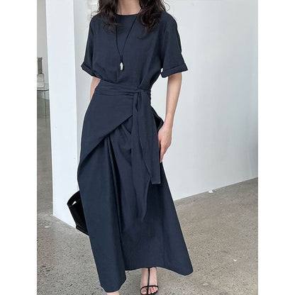 Niche design cross-strap short-sleeved dress spring and summer new waist and thin A-shaped long dress