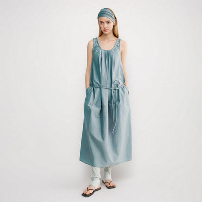Versatile solid color temperament U-neck halter back pleated round rope vest dress