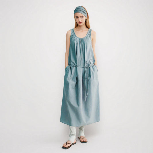 Versatile solid color temperament U-neck halter back pleated round rope vest dress