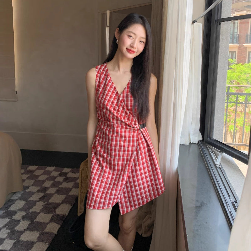 Waist buckle medium and long two wear sleeveless plaid dress
