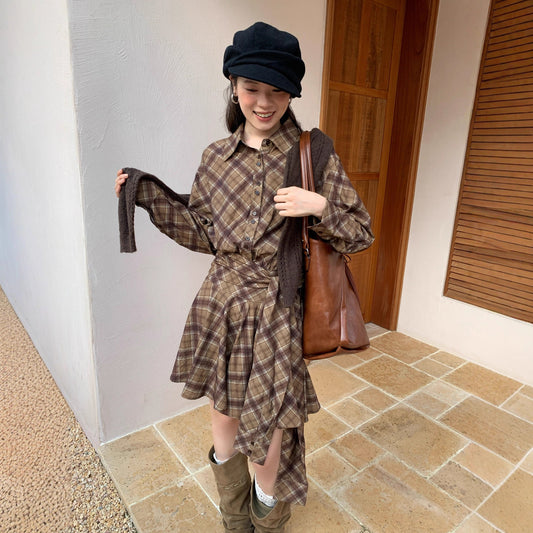 Literary retro waist plaid shirt dress