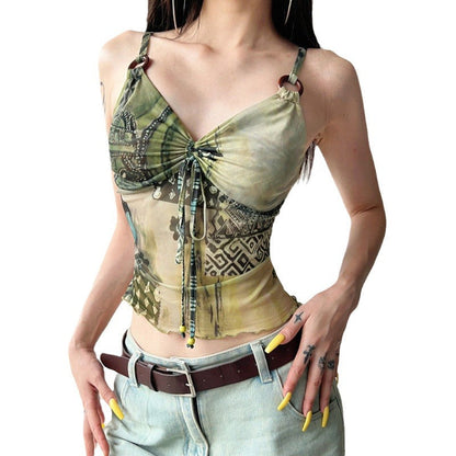 Retro V-Neck Cami Top with Drawstring Detail