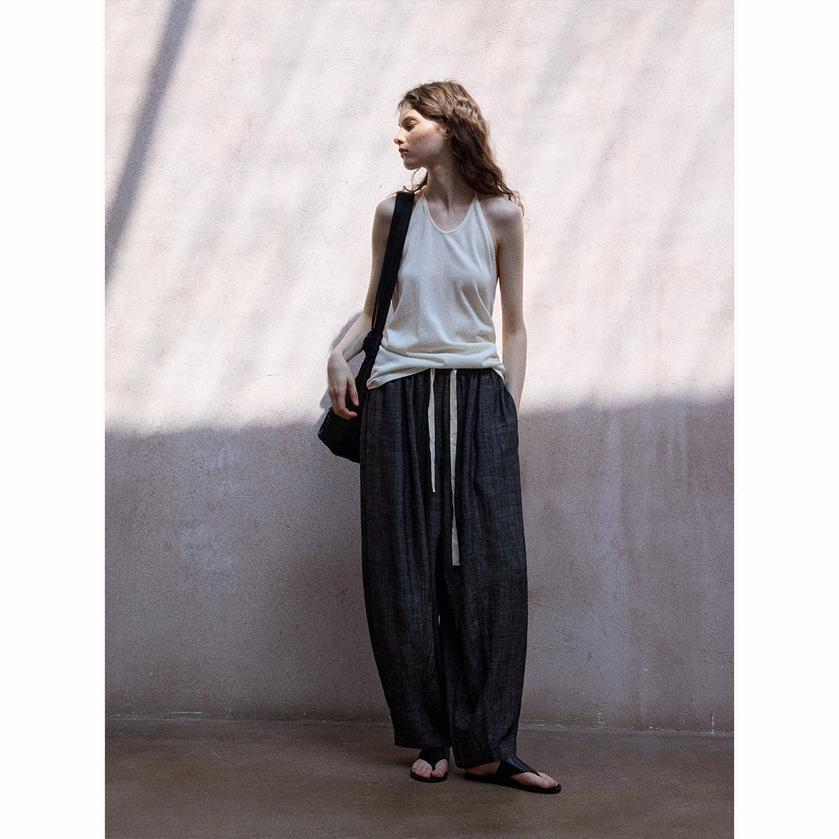 Summer cool and breathable linen imitation denim elastic waist commuting versatile casual balloon pants