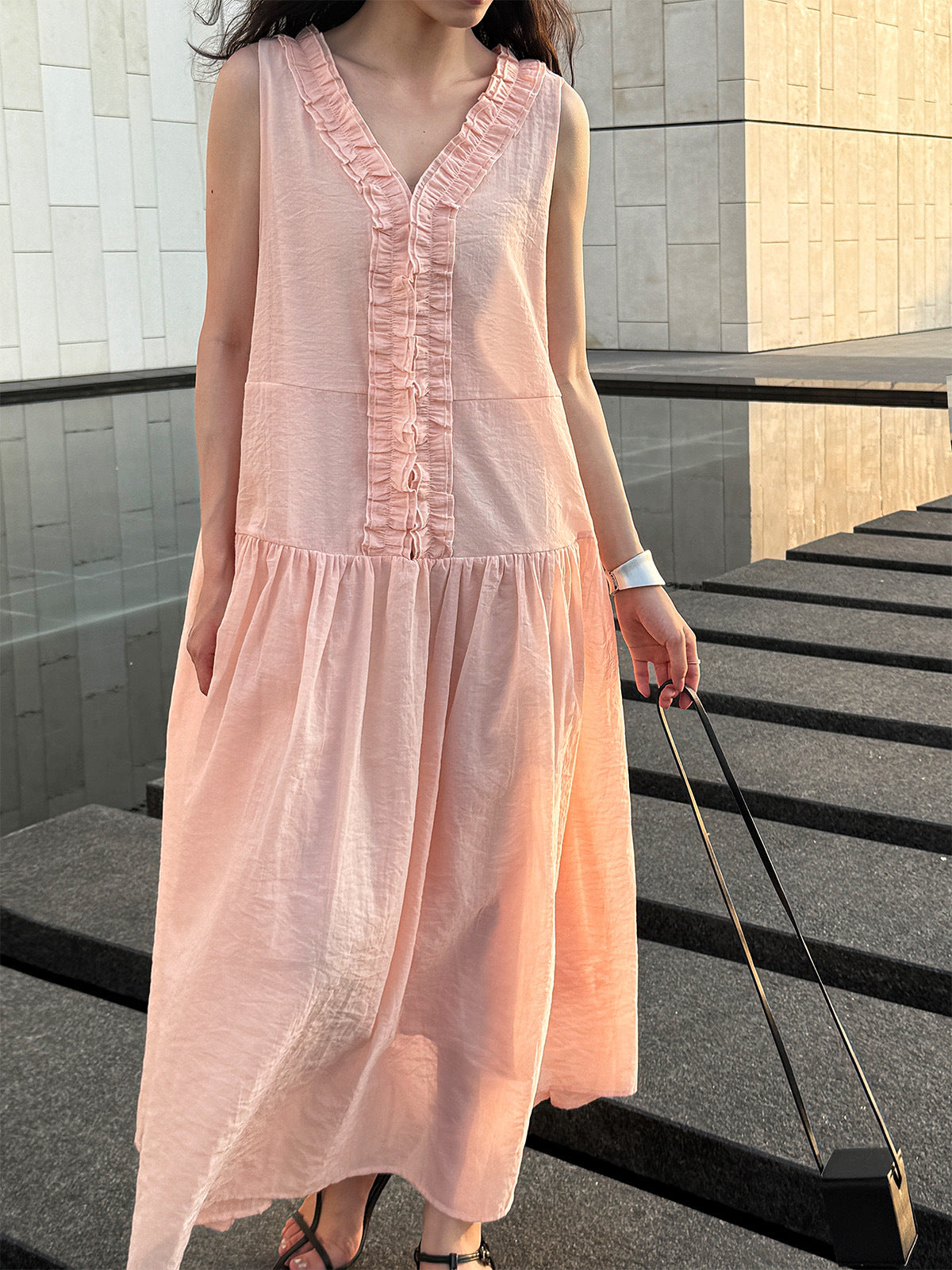 French clear fungus edge A word big swing dress women's summer sweet v-neck sleeveless dress