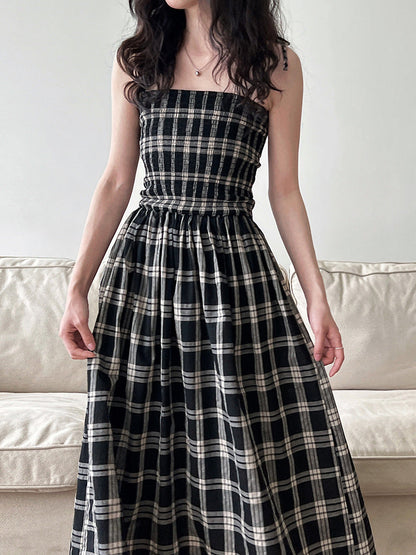 Retro plaid tube top suspender dress for women's summer high-end elastic waist A-shaped long dress