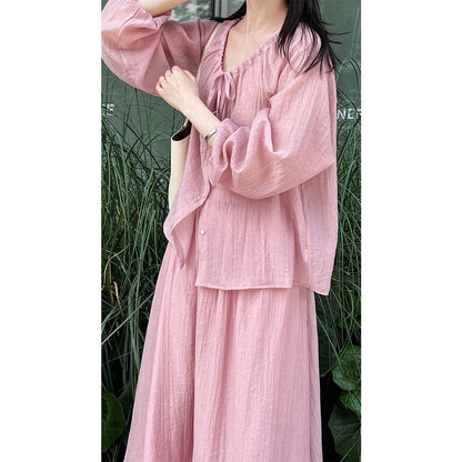 Gentle temperament, drawstring lace-up pleated sunscreen shirt + skirt two-piece resort-style set