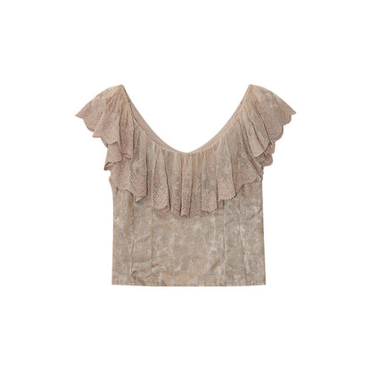 Slim-fit backless sexy ruffle-edged lace shirt top