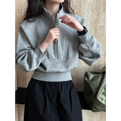 Half zipper sweater women's high-end spring wear new Korean casual sports high-waisted top