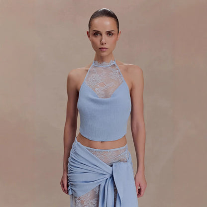 Beach vacation style sexy hollow lace skirt set swing collar top skirt two-piece set