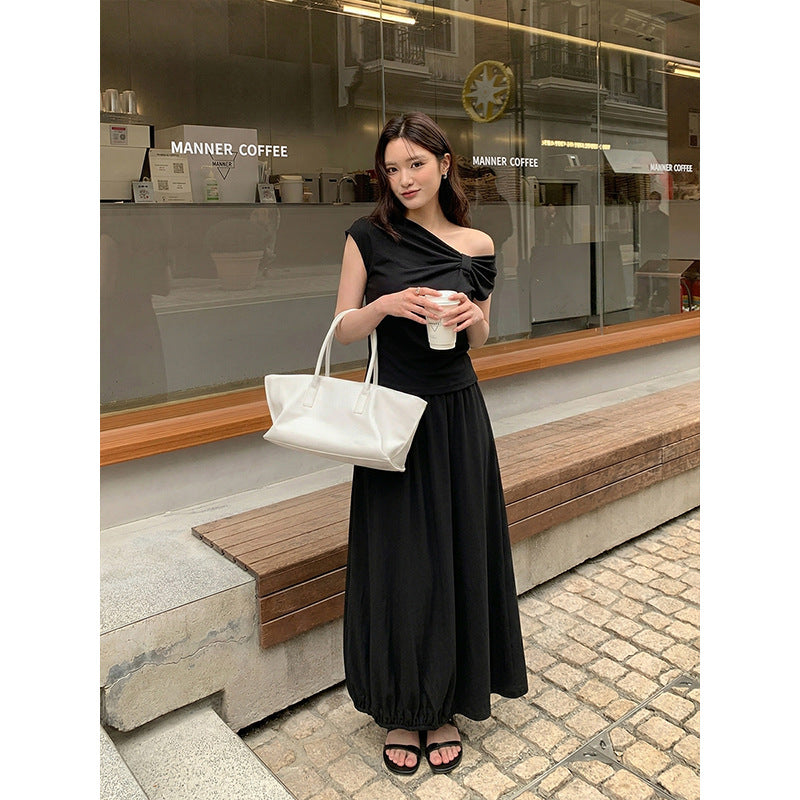 diagonal shoulder kinked top + skirt two-piece set