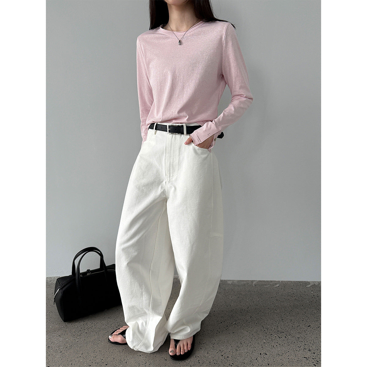 Japanese simple relaxed design scimitar slacks women's spring new wide-leg trousers