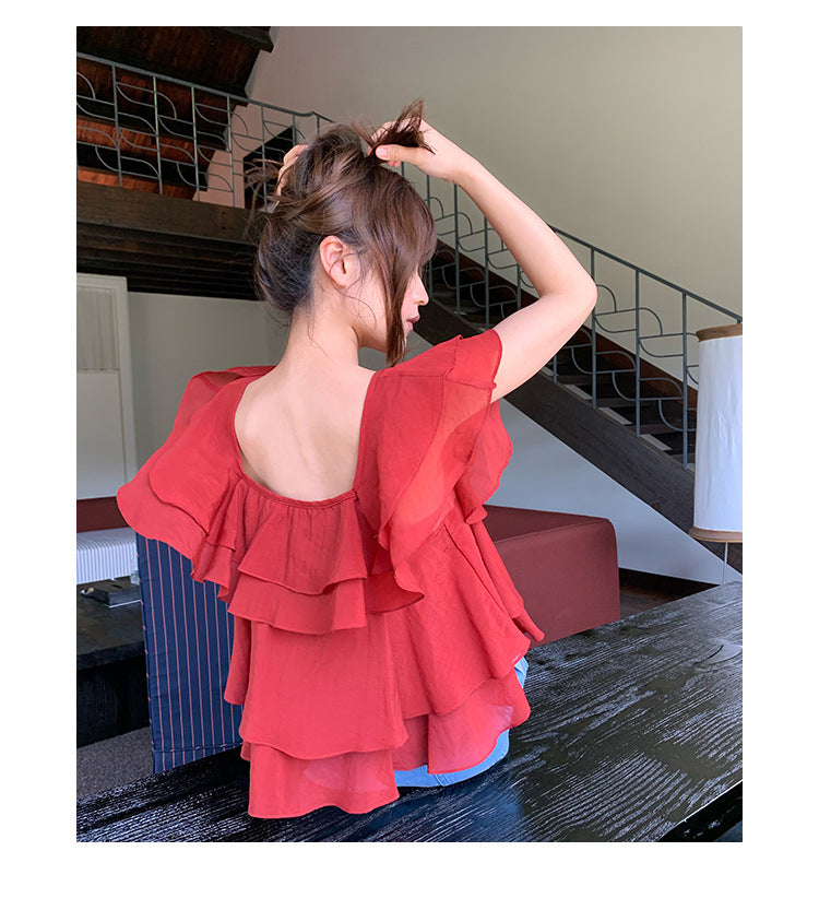 French sweet age-reducing thin loose square neck ruffle edge chiffon shirt