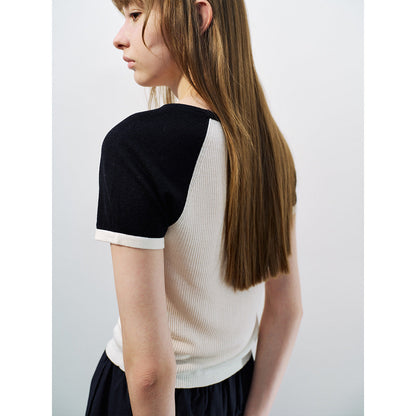 Spring Casual Tencel Hemp Crew Neck Versatile Contrast Color Short Knitted Pullover