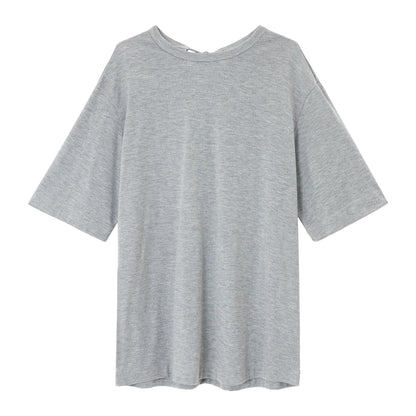 Autumn New Wool Blended Back Neck Split Strap Small Crew Neck Loose T-Shirt
