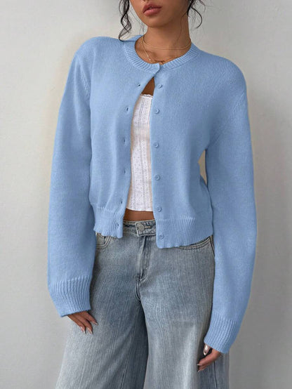 Autumn and winter round neck threaded long-sleeved button women's cardigan jacket sweater soft waxy short loose and thin