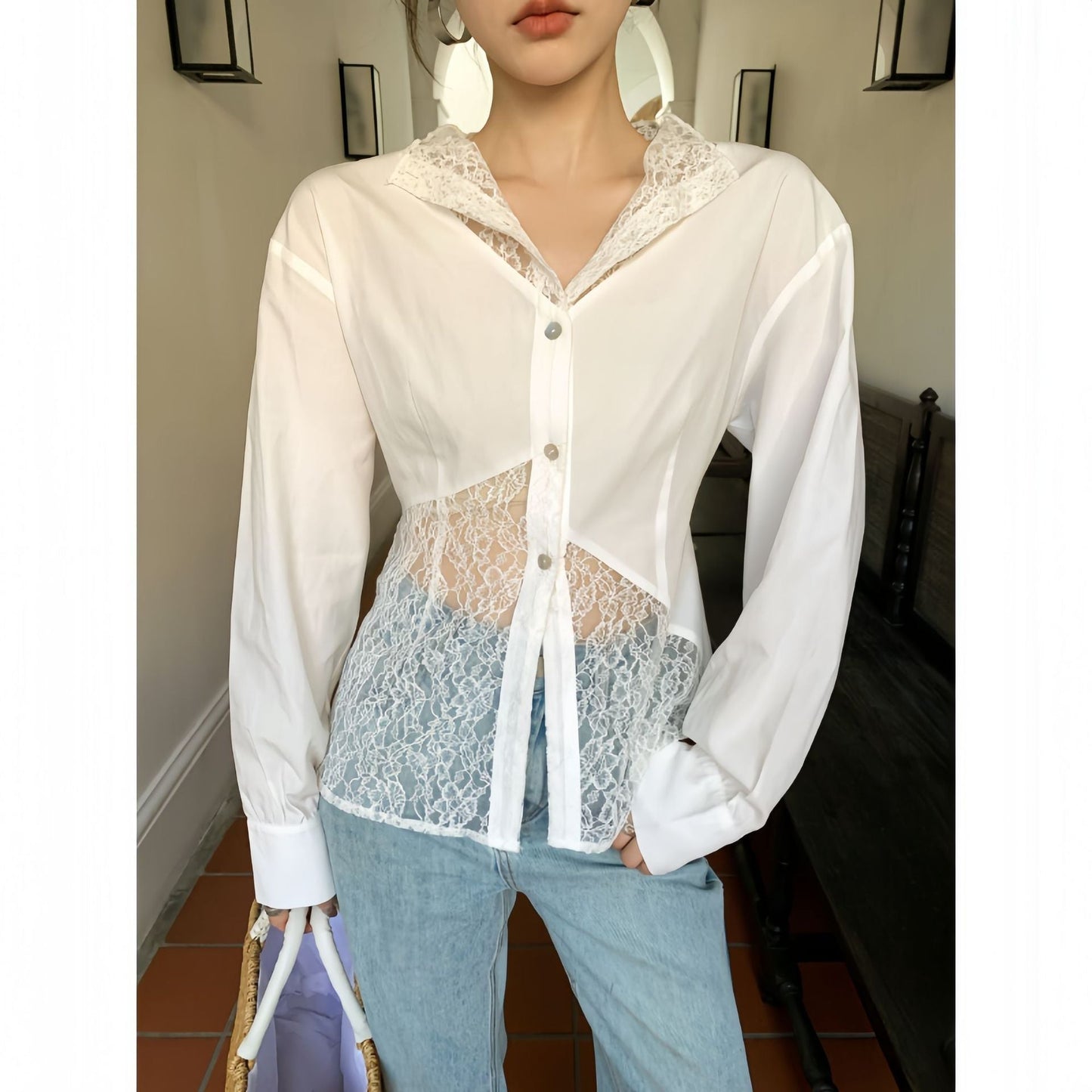 Temperament design lace hollow shirt